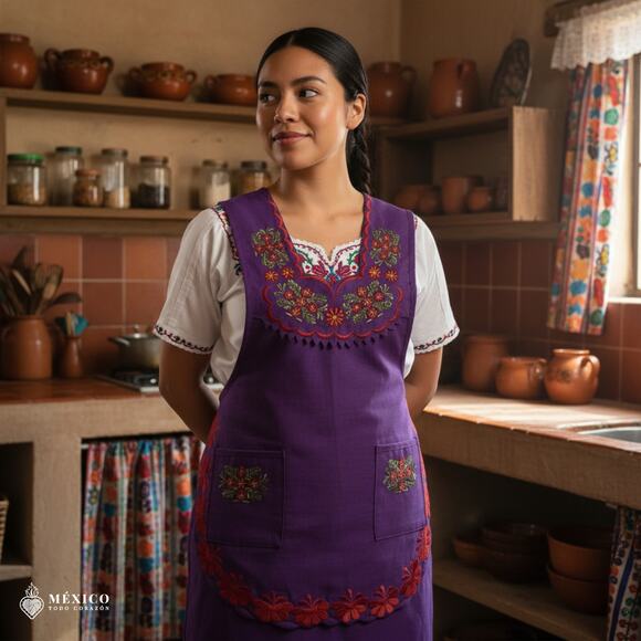 Purple Mexican Embroidered Smock Apron – Floral Traditional Design for Women - Picture 2 of 8